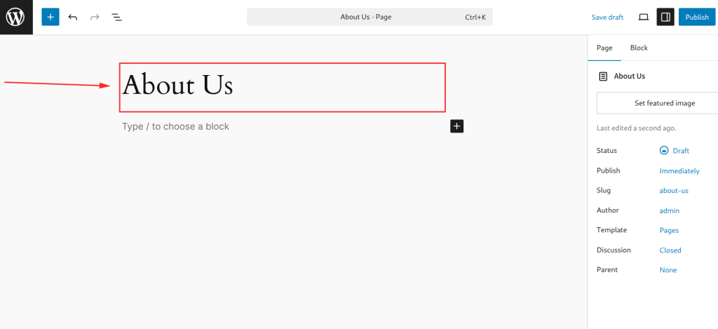 WordPress 'About Us' page editor