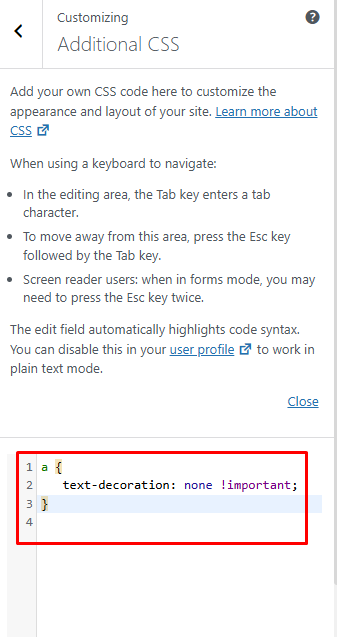 remove underline from link Elementor
