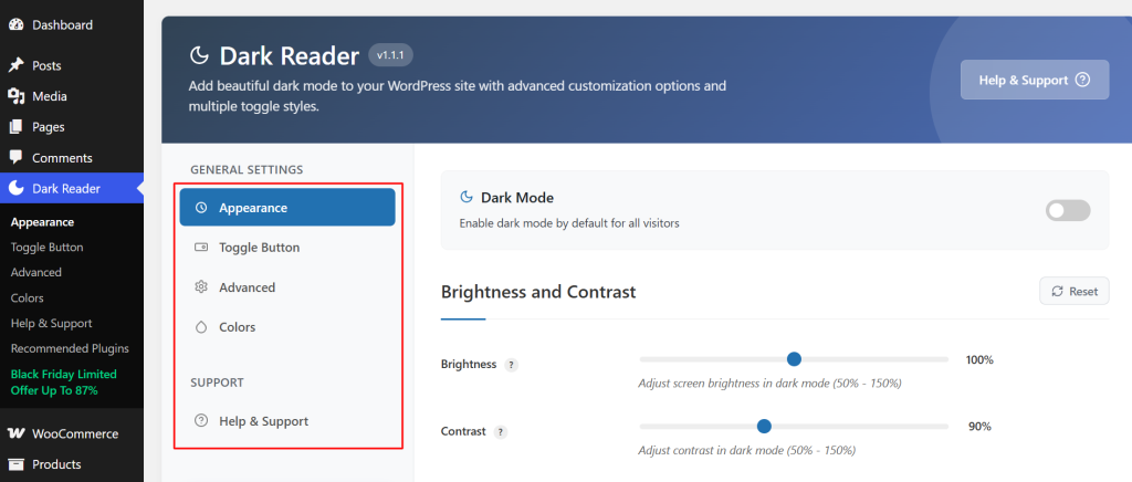 You will find five organized tabs: Appearance, Toggle Button, Advanced, Colors, and Help and Support.